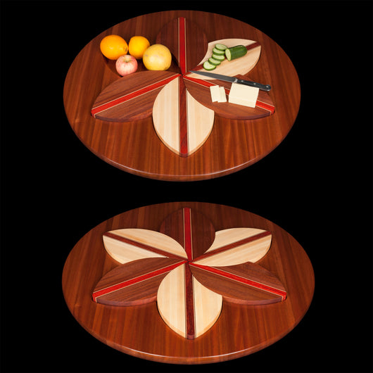 Demonstration of puzzle trivet cutting boards and lazy susan.